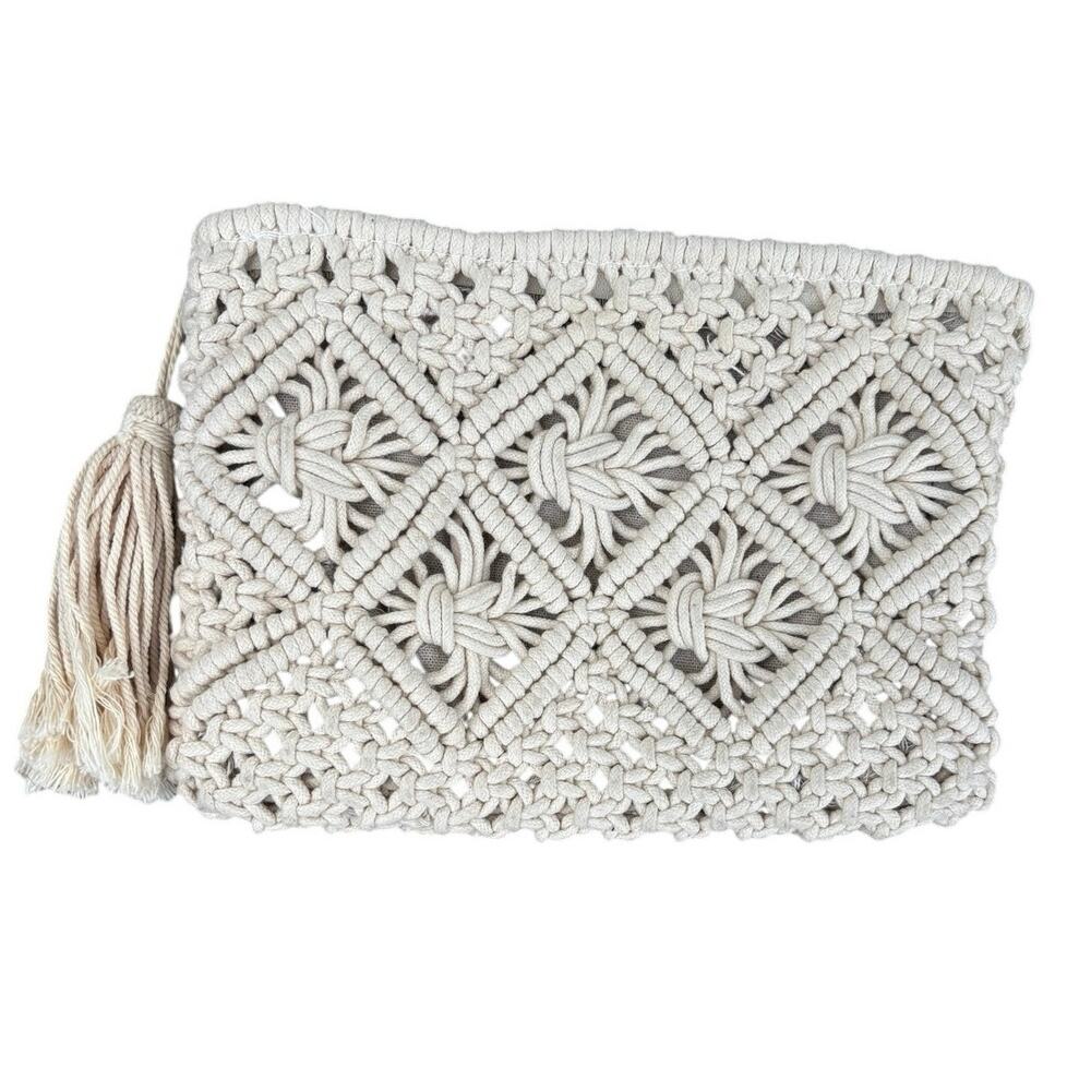 World Market Macrame‎ Crochet Zipper Pouch, 10" x 7", Cream White